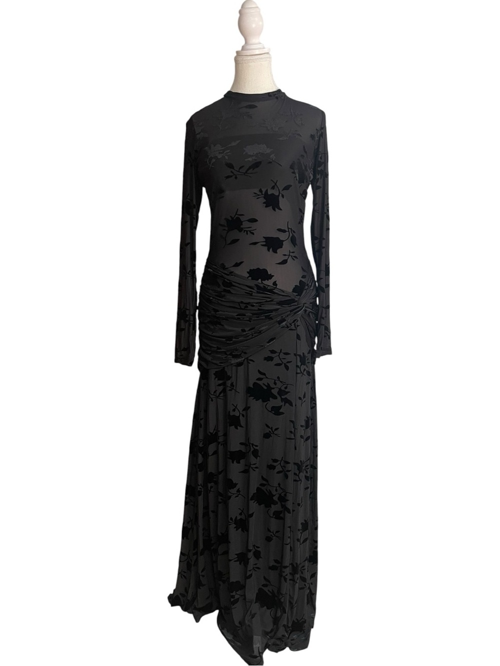 Lulus Charlize Sheer Mesh Velvet Burnout Long Sleeve Maxi Dress Black